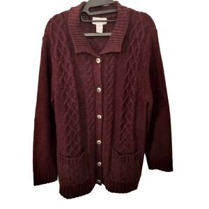 The Vermont Country Store Size L Cable Knit Wool Cardigan Sweater Wine
